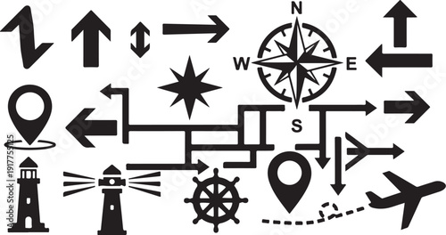 Navigation symbols and icons for travel and direction guidance
