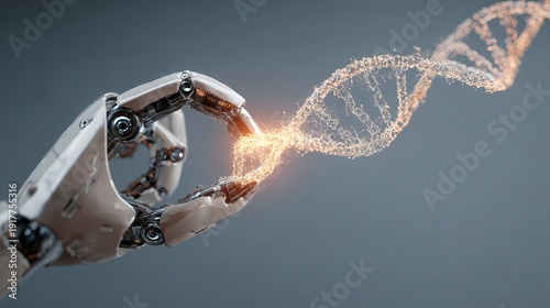 Robotic Hand Holding DNA Strand with Digital Effects and Sparkles