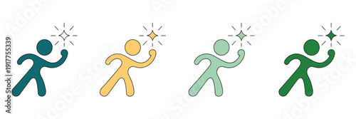 People reaching dream star icon set, people achieve goal holding star vector, business competition and award signs illustration