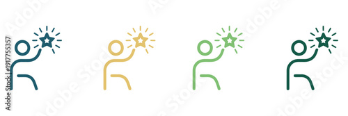 People reaching dream star icon set, goal achievement and success symbols, holding star vector illustration