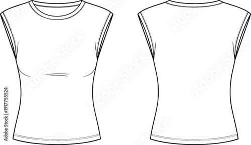 Front and Back View Cap Sleeve Fitted T Shirt Flat Fashion CAD Vector Outline Illustration