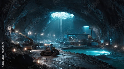 Dark Underground Cave with Mining Equipment and Bright Lights