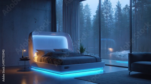Modern Bedroom Design with Futuristic Bed and Natural Backdrop