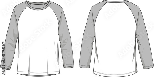 Front and Back View Raglan Sleeve Long Sleeve T Shirt Flat Fashion CAD Vector Outline Illustration