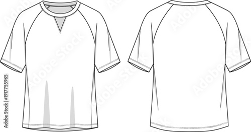 Front and Back View Raglan Short Sleeve T Shirt Flat Fashion CAD Vector Outline Illustration