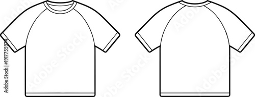 Front and Back View Raglan Sleeve Short Sleeve T Shirt Flat Fashion CAD Vector Outline Design