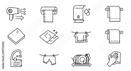 Bathroom essentials icon set toilet paper towels hand dryer and more
