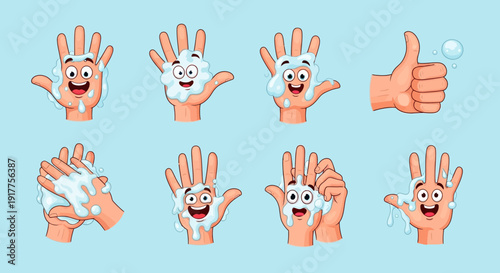 Cartoon hand washing sequence with happy face characters on blue background