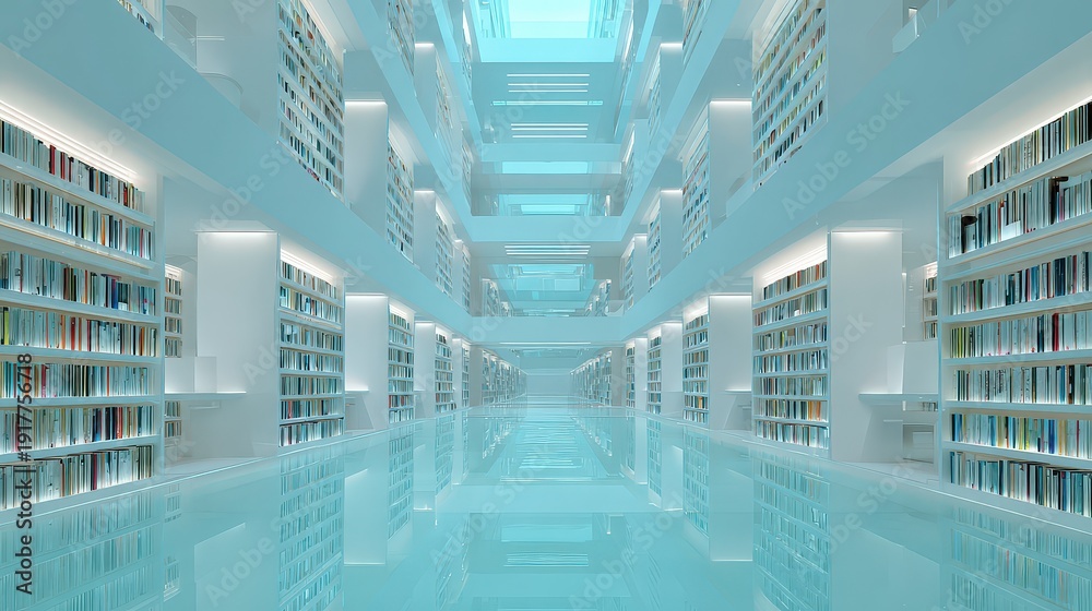 Obraz premium Modern Library Interior with Bright Aesthetic and Reflection Effects