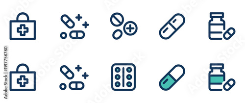 Pill and capsule medicine icon vector set, antibiotic, prescription, and pharmacy drug symbols