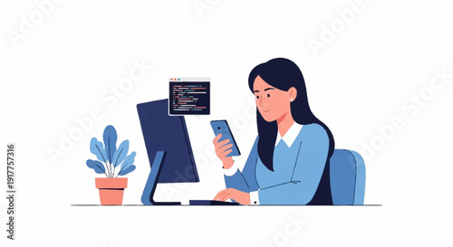 A young woman works on a computer while checking her smartphone, illustrating multitasking in a tech environment.