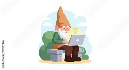 A garden gnome with a pointed hat sits on a bench, using a laptop with a Wi-Fi signal.