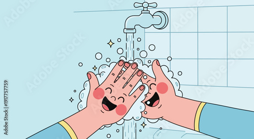 Cartoon illustration of hands washing under a faucet with water and bubbles