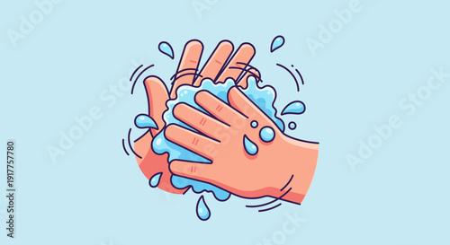 Cartoon illustration of hands washing with soap and water against blue background