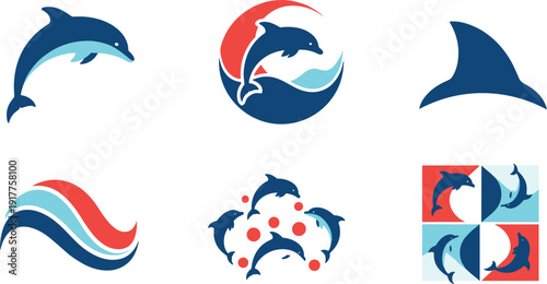 Dolphin and ocean wave icons set, colorful vector illustrations with jumping dolphins, shark fin, sea waves and marine life symbols isolated on white background.