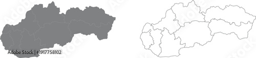 Slovakia map outline country silhouette filled gray and regional administrative division map.	