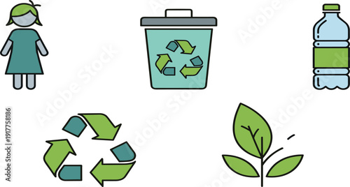 Eco-friendly waste recycling set, colorful vector icons with green recycle bin, plastic water bottle, environment symbols and female character isolated on white background.