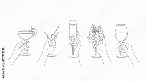 Hand drawn chalk cheers. Hands with wine, champagne glass, cocktails drawings for wedding invitations, menus and parties. Doodle art template. Clipart vintage ink doodle sketch style