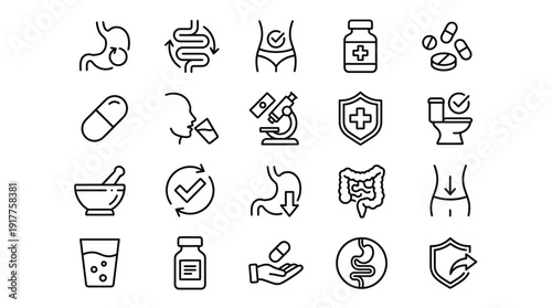 Digestion, intestine, stomach, and probiotics editable stroke outline icons set isolated on white background flat vector illustration.