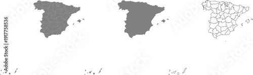 Map outline of Spain with administrative divisions and islands shown in increasing detail including territories and mainland geography