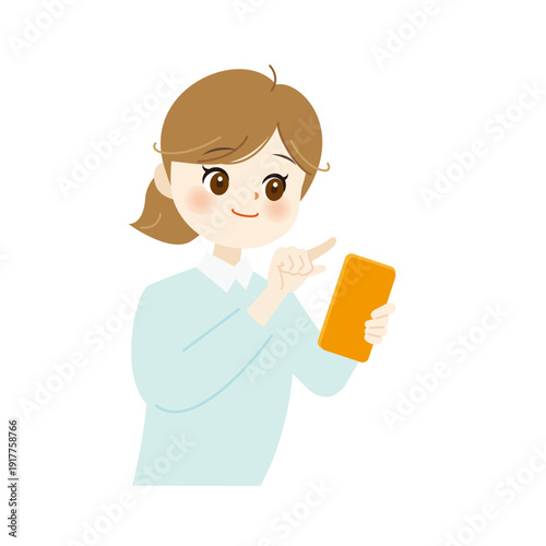 笑顔でスマホを操作する女性のイラスト09