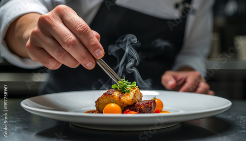 Professional chef finishing gourmet dish in fine dining kitchen.