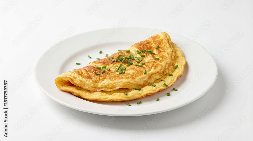 Fototapeta premium Classic fluffy French omelette perfectly folded and garnished with fresh green chives on a plate