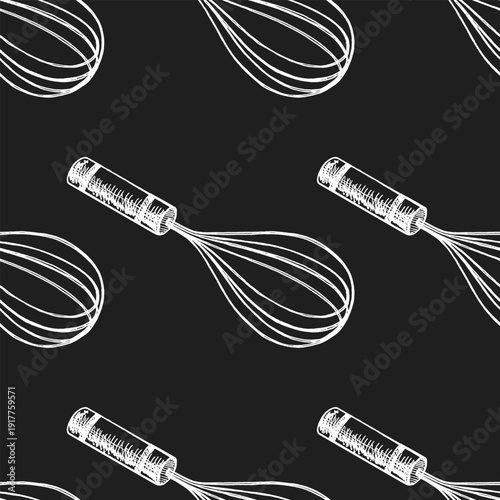 Hand drawn vintage seamless pattern of metal whisk in chalk style on chalkboard background illustration