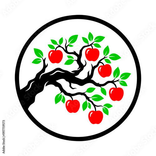  Apple tree branch with red apples, vector icon.  