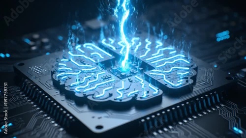 Glowing blue circuit board with brain-like design sparks innovation