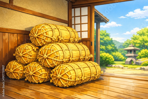 木造蔵に積まれた米俵