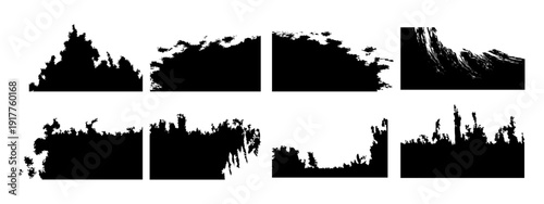A set of abstract black grunge brush stroke elements with distressed , rough textures on a white background. Suitable for banners, posters, social media graphics, and creative design layouts