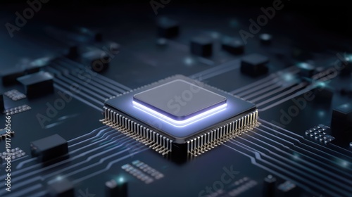 Wallpaper Mural Futuristic Computer Chip with Blue Glow on Circuit Board Surface Design Technology Background in Dark Setting Torontodigital.ca