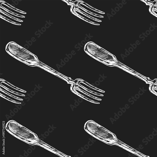 Hand drawn vintage seamless pattern of fork in chalk style on chalkboard background illustration design