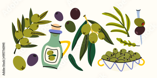 Mediterranean food elements set in cartoon groovy style. Green and black olives, olive branches, olive oil bottles, canned food. Healthy organic food vector illustration in trendy style