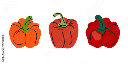 Various red bell peppers in cartoon groovy style. Ripe fresh vegetables set. Farm organic food concept. Vector illustration isolated