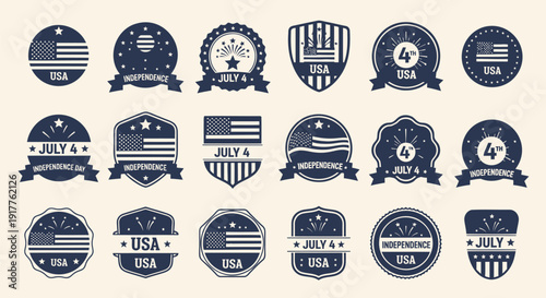 American patriotic icon collection. Includes USA, July 4th, independence, freedom, and American flag symbols. Created in vintage style with blue and white palette.