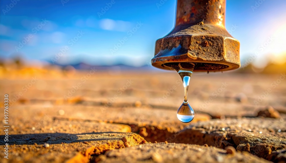 Naklejka premium FlyPro_Firefly captured image of a rusty water tap dripping a single, precious drop onto cracked, dusty ground under dramatic low-angle lighting.