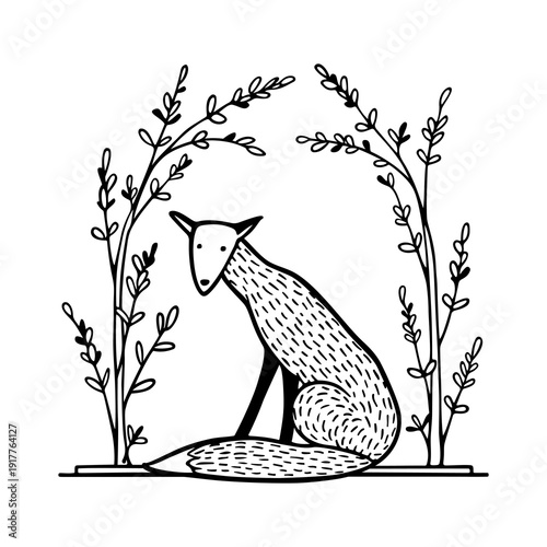 Vector card with hand drawn sweet red fox sitting in a graceful floral arch. Beautiful vintage design elements, ink drawing. Heavy graphic, linocut style