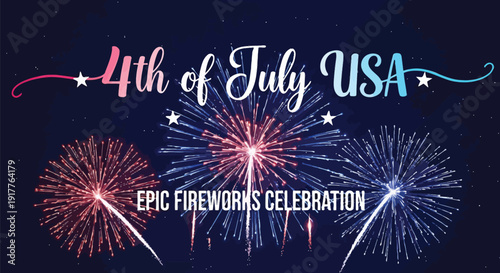 4th of July USA fireworks celebration banner, patriotic epic fireworks display. Includes American Independence Day symbols. Created in colorful style with red, white, and blue palette.