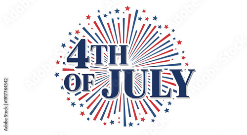 Patriotic 4th of July celebration logo with fireworks and stars, isolated on transparent background