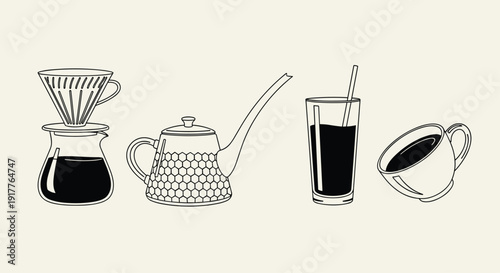 Coffee Brewing Equipment Set with Drip Maker, Teapot, Glass and Cup Line Art Illustration for Cafe Beverage Preparation Concept