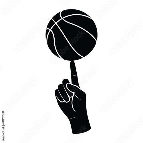A black silhouette of a hand delicately balancing a basketball on a finger