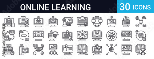 Complete set of 30 thin line education icons. Includes online courses, distance learning, digital classroom, certificates, e-learning, study tools, and educational technology symbols.