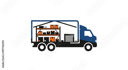 Illustration of a delivery truck filled with warehouse shelves and boxes.