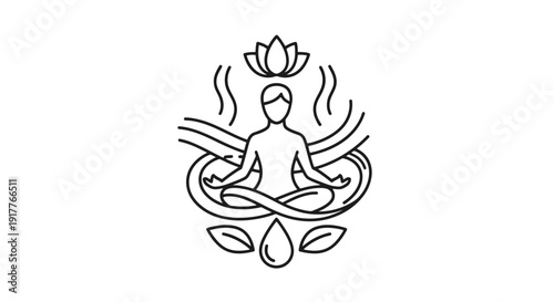 Meditating person with lotus flower and flowing lines.
