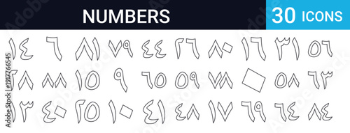 30 thin line numerical icons featuring arabic numerals, mathematical symbols, and calculation elements. Perfect for educational, business, and web design projects.