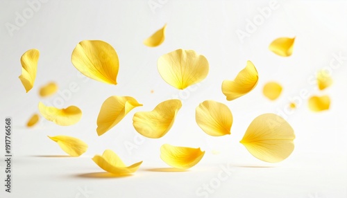 Floating bright yellow petals on white background