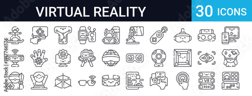 Collection of 30 thin line VR icons including virtual reality fitness, gaming, headsets, 3D technology, screen mirroring, and interactive devices. Perfect for tech apps and websites.