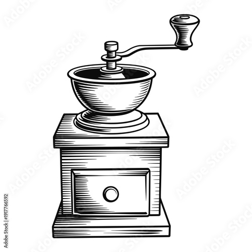 Vintage style illustration of a hand crank coffee grinder with detailed linework